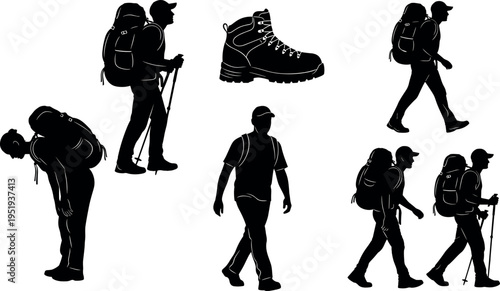 Hiking silhouettes with backpackers, walking sticks, outdoor adventure boot, trekking figures, mountain hikers, camping lifestyle, and wilderness exploration vector illustration