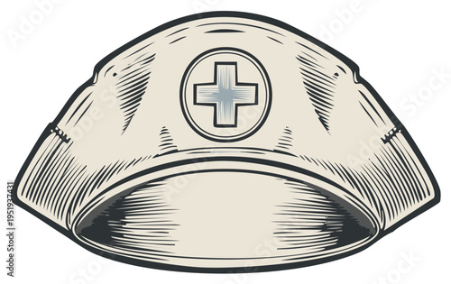 Vintage Nurse Cap with Medical Cross Symbol Illustration Drawing Style