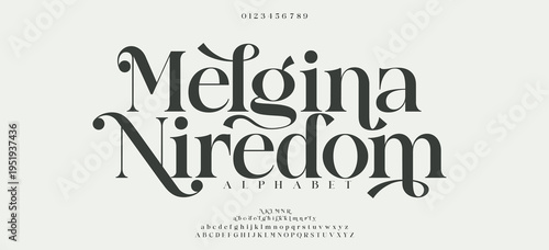 Melgina Niredom Beauty elegant font alphabet logo. Typography beautiful fashion luxury classic letters serif italic fonts decorative wedding vintage flower logos. vector illustration