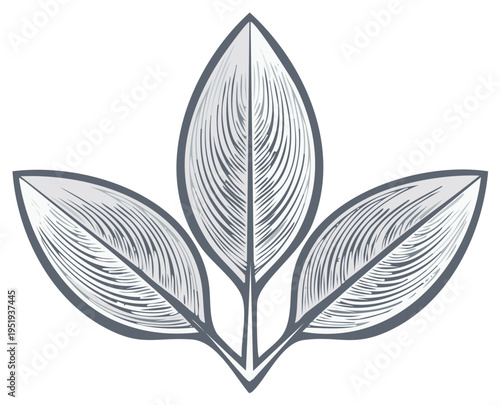 Elegant stylized three leaves emblem design with intricate line work and subtle shading