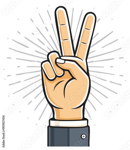 Hand Showing Victory Sign Illustration Isolated Hand gesture success fingers up retro style radial lines illustration