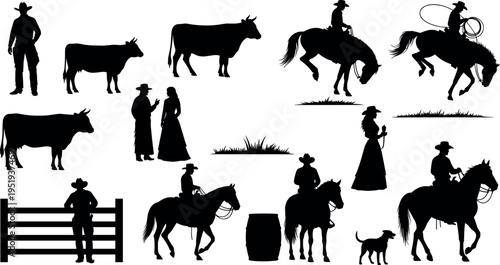 Black silhouette vector illustration of cowboys, cowgirls, horses, cattle, dog, lasso, western ranch life, rural tradition