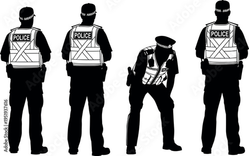 Vector illustration of police officers in reflective vests standing in row, silhouettes emphasizing uniformed figures and safety presence outdoors