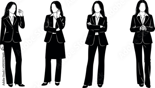 Vector illustration of professional women silhouettes in business attire, confident stances, diverse postures, corporate themes, workplace representation, leadership icons