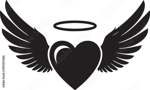Black silhouette of a heart with wings and halo symbolizing love and divinity