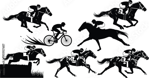 Horse racing silhouettes with numbered jockeys and cyclist, dynamic motion, hurdle jump, vector illustration for design, artwork, sports themes