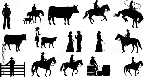 Black silhouette vector illustration of cowboys, cowgirls, horses, cattle, ranch life, lasso, western culture, tradition
