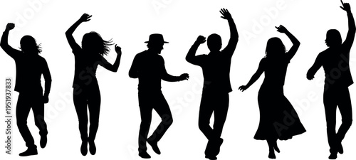 Dancing people silhouettes in expressive poses, rhythm, movement, stylish attire, creative vector illustration for energetic performance and artistic design themes