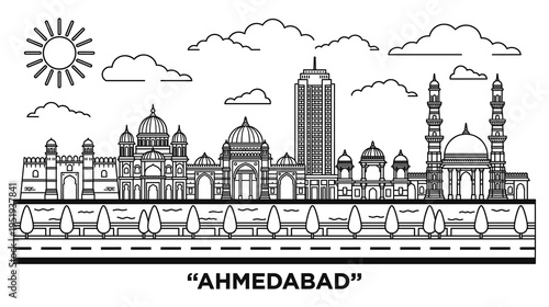 Ahmedabad city skyline with famous buildings and landmarks vector illustration