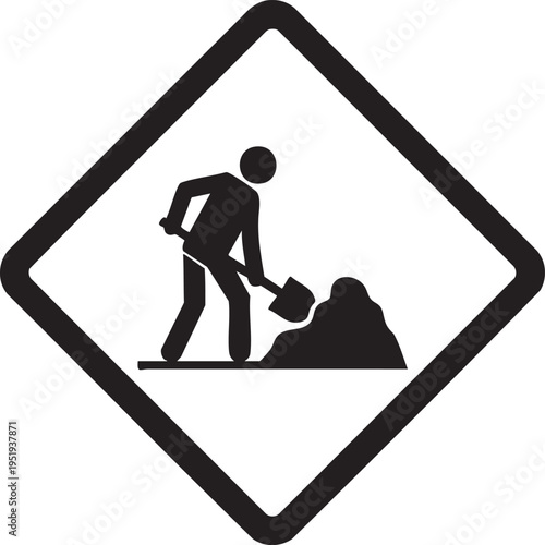 Road work ahead sign with a person shoveling