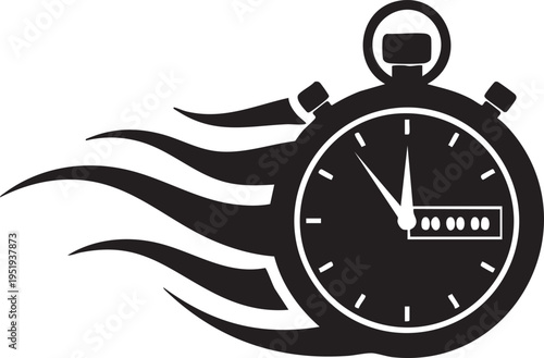 A black and white illustration of a stopwatch with motion lines