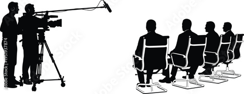  Black silhouette vector illustration of video production crew filming interview with tripod camera, boom microphone, and seated panel concept