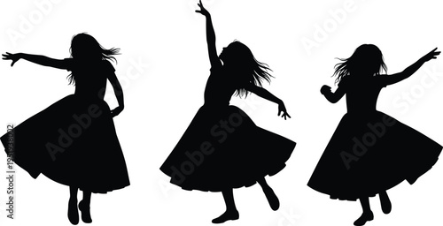 Dancing woman silhouettes in expressive poses, graceful movement illustration, performing arts vector design, elegant female dancer body language concept