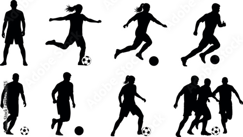  Vector illustration of soccer player silhouettes in two rows, showing dynamic action poses such as kicking, dribbling, and defending
