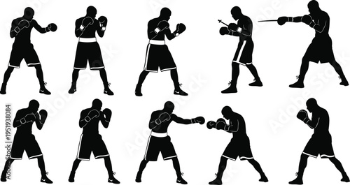 Boxer silhouette sequence showing stances, jabs, hooks, and uppercuts, vector illustration for sports training, technique, and design projects