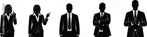 Business attire silhouettes, male and female professionals, corporate poses, pointing gestures, crossed arms, standing figures, vector illustration resource