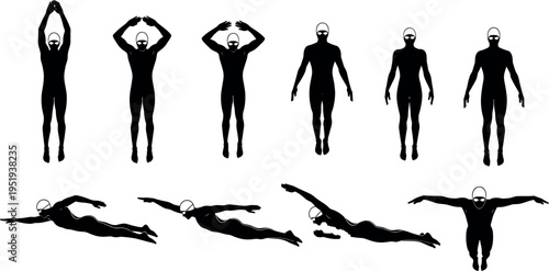 Vector illustration of swimmer silhouettes performing butterfly stroke sequence, showing arm movements and body positions in dynamic aquatic motion