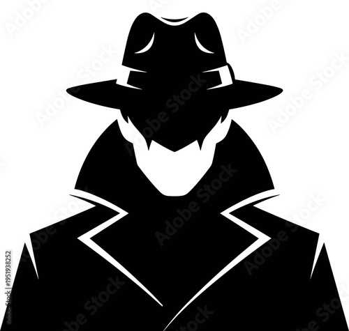 Mysterious noir detective silhouette, trench coat and fedora hat, secret agent figure, espionage theme, anonymity concept, spy character illustration, secrecy design