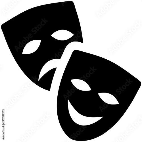 Drama theatre masks symbol showing one smiling mask and one sad mask behind it, bold black silhouette, simple flat vector icon, monochrome design.