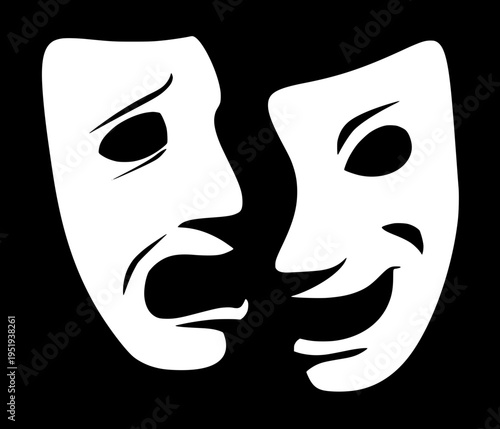 Drama theatre masks symbol showing one smiling mask and one sad mask behind it, bold black silhouette, simple flat vector icon, monochrome design.