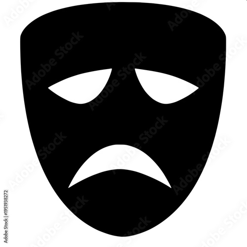 Drama theatre masks symbol showing one smiling mask and one sad mask behind it, bold black silhouette, simple flat vector icon, monochrome design.
