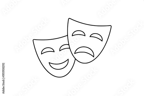 Drama theatre masks symbol showing one smiling mask and one sad mask behind it, bold black silhouette, simple flat vector icon, monochrome design.