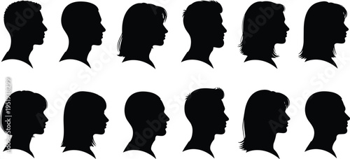 Human head profile silhouettes, diverse hairstyles, male and female faces, side views, variation in hair length, vector illustration design