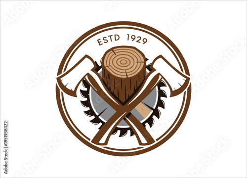 Vintage lumberjack emblem with axes log and saw ideal for branding on transparent background silhouette high quality professional detailed modern elegant