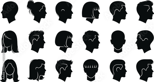 Human head profile silhouettes, diverse hairstyles, male and female faces, side views, variation in hair length, vector illustration resource