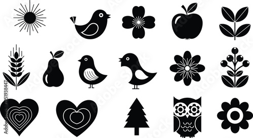 Nature silhouette icons including sun, birds, flowers, fruits, leaves, wheat stalk, owl, pine tree, decorative hearts, creative vector artwork illustration