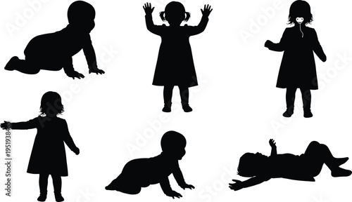 Vector illustration of toddler silhouettes showing crawling, standing, lying, playful poses, early childhood development, and expressive baby movements