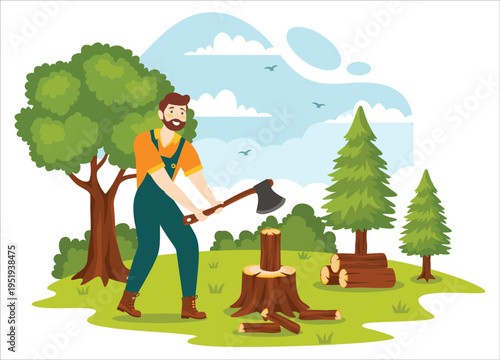 A lumberjack chops wood in a forest landscape on transparent background silhouette high quality professional detailed modern elegant stylish clean crisp