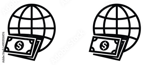 Global financial concept icon collection, dollar currency with globe symbol, international investment, business finance, and economic growth vector