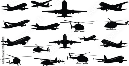 Black silhouette vector illustration, airplanes and helicopters, diverse aircraft models, commercial jets, military planes, cargo aircraft, aviation icons