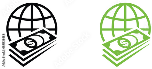 Global finance and investment icon, featuring dollar currency symbol, world map or globe, international finance, banking, and investment concept vector