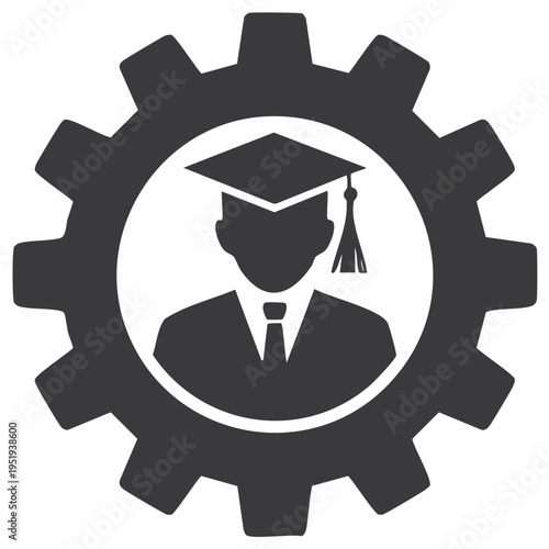 Graduation Cap Icon within Gear Symbol Representing Educational Achievement and Mechanical Engineering