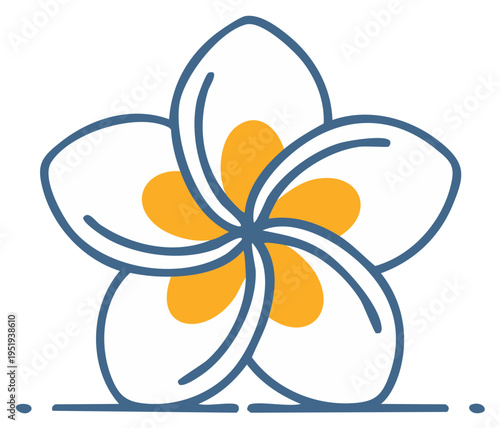 Stylized tropical flower icon with white petals and yellow center outlined in blue