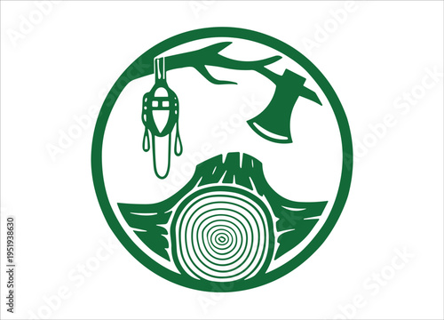A green emblem of a tree stump axe and hanging lantern on transparent background silhouette high quality professional detailed modern elegant