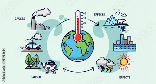 Climate Change Illustration - Causes, Effects, and Rising Temperatures.