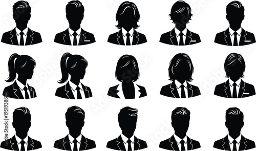Business professional silhouettes in formal attire, suits and ties, diverse hairstyles, vector illustration representing workplace diversity and organization