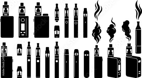 Vape linear icons set. Outline simple vector of electronic cigarette with smoke. Contour isolated pictogram on white background
