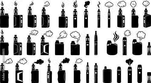 Vape linear icons set. Outline simple vector of electronic cigarette with smoke. Contour isolated pictogram on white background
