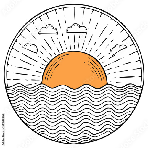 Sun rising over ocean in a round emblem, stylized illustration