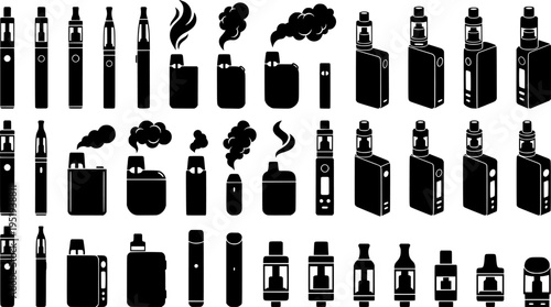 Vape linear icons set. Outline simple vector of electronic cigarette with smoke. Contour isolated pictogram on white background
