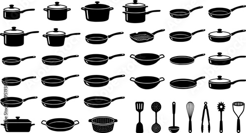 Icon set featuring various cooking pots designed for culinary applications and kitchen themes
