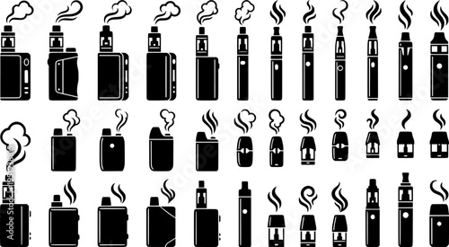 Vape linear icons set. Outline simple vector of electronic cigarette with smoke. Contour isolated pictogram on white background

