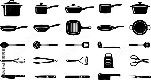 Icon set featuring various cooking pots designed for culinary applications and kitchen themes
