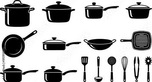 Icon set featuring various cooking pots designed for culinary applications and kitchen themes
