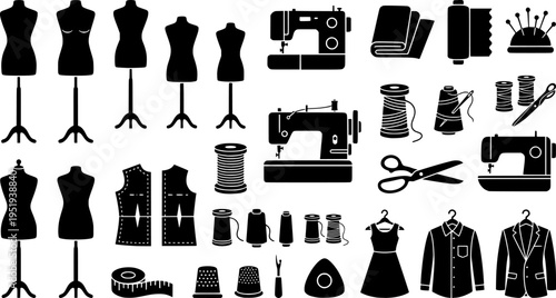 Fashion design line icons set – outline style sewing and tailoring symbols for diy crafting and clothing design: dress form, sewing machine, fabric swatches, scissors, dress pattern, textile