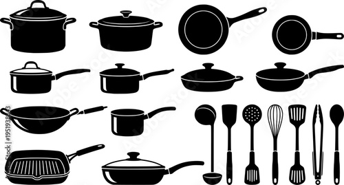 Icon set featuring various cooking pots designed for culinary applications and kitchen themes
